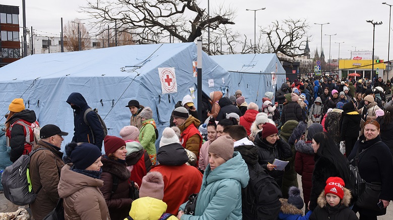 Evacuees from eastern Ukraine near the railway station in western Ukrainian city of Lviv