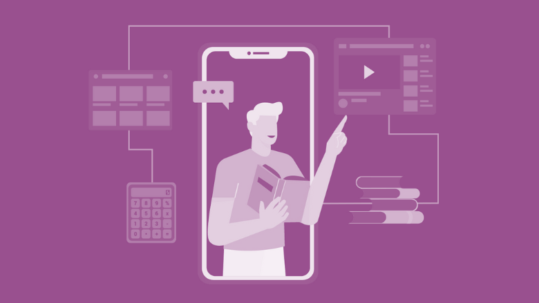Graphic showing a person in a phone pointing to a video, books, calculator and browser