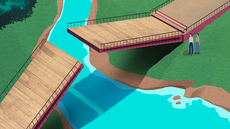 illustration of drawbridge closing by the river