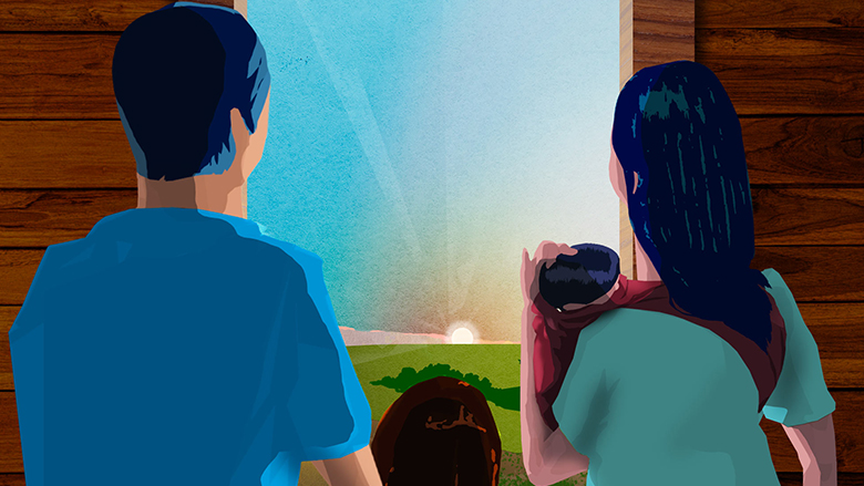 illustration of family looking at the sunrise from window