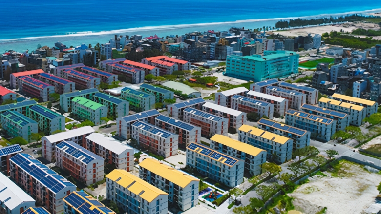 Aerial view of a 1.5 Megawatt solar PV installation project, Humale, Maldives