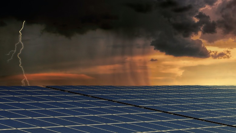 Storm with lightning and solar panels