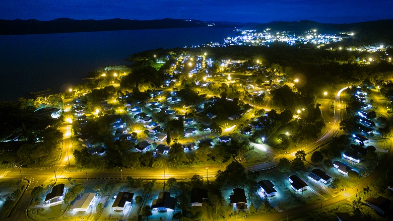 Aerial view the city of Sorowako in South Sulawesi, Indonesia, at night. 