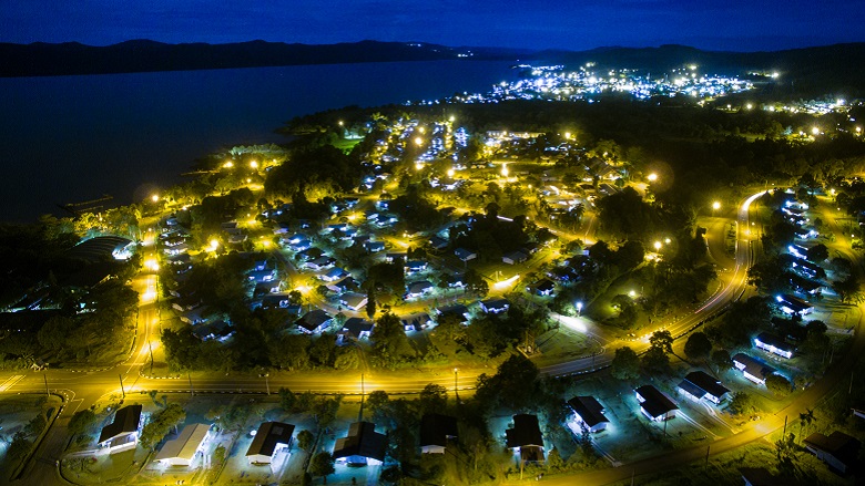 Aerial view the city of Sorowako in South Sulawesi, Indonesia, at night. 
