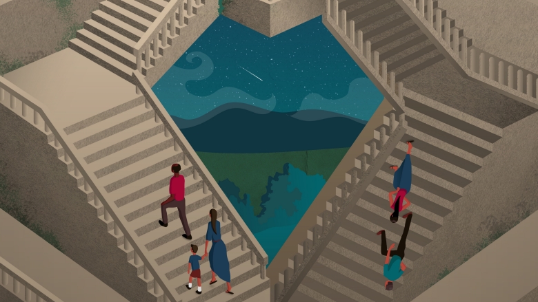 An abstract illustration depicting people climbing up the stairs on one side and descending down stairs on the opposite