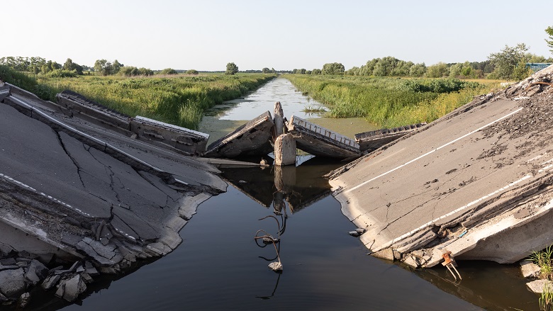 A collapsed bridge in Chernihiv, Ukraine 