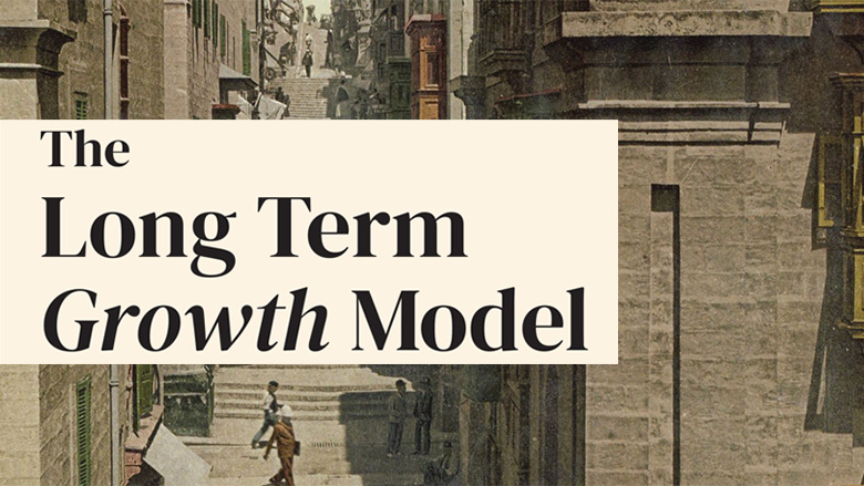 Partial view of the Long Term Growth Model book cover. It depicts the Trappen van Strada Reale in Valetta, Malta. 1900-1910