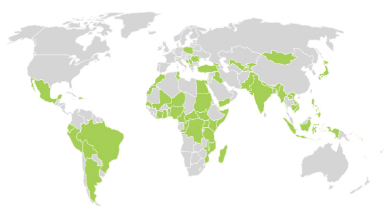 Map showing QII support in 66 countries across all regions