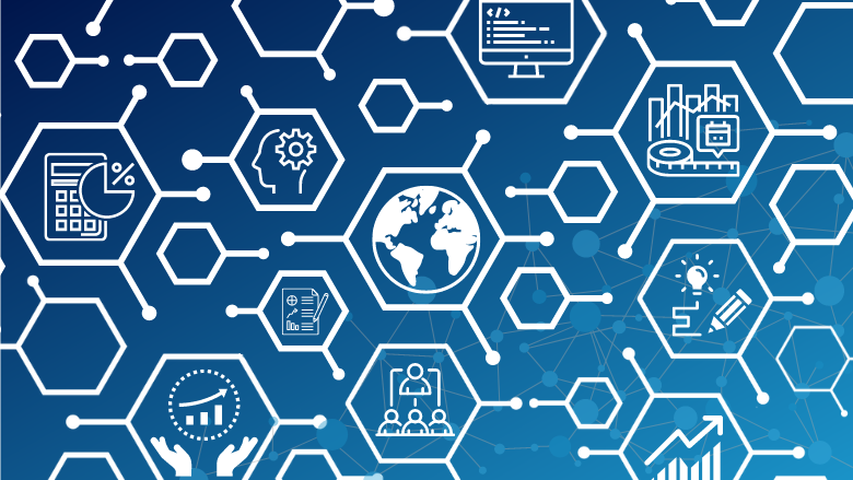 Graphic with hexagons connected to each other with icons in the hexagons