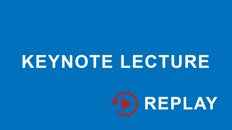 Text that reads keynote lecture in a blue box with a replay red button