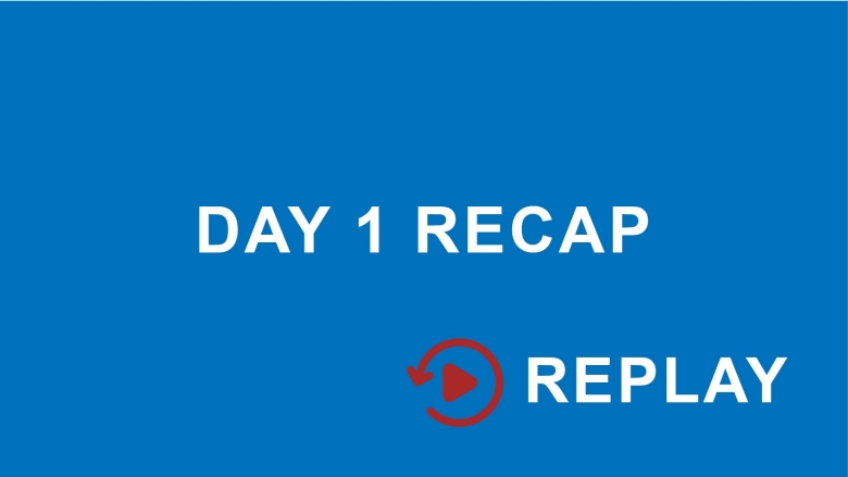 Text that reads day 1 recap in a blue box with a replay red button