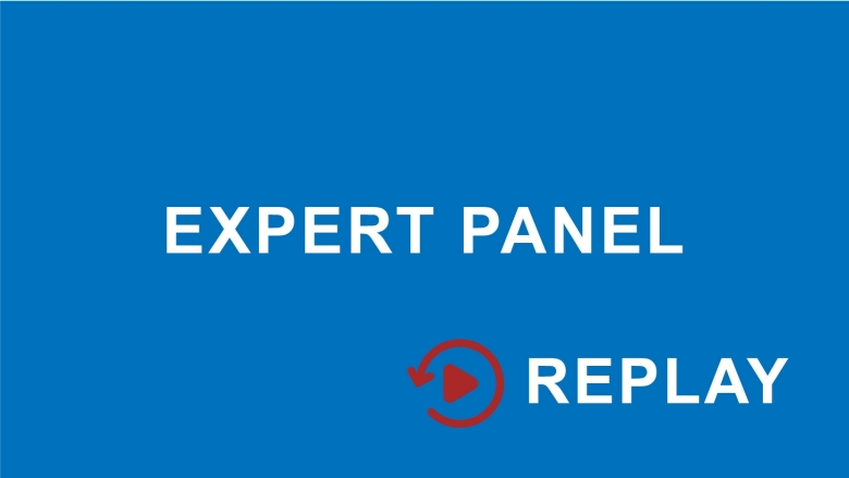 Text that reads expert panel in a blue box with a replay red button