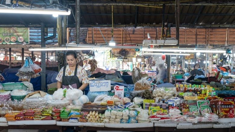 A general goods stall at a traditional market in Vientiane, Laos.  