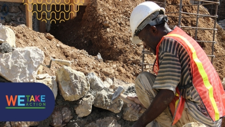 A construction worker in Haiti. The disaster risk management project supported the training of 7,000 skilled masons