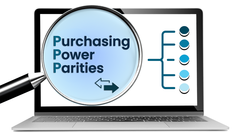 Magnifying Glass over computer screen with text saying Purchasing Power Parities