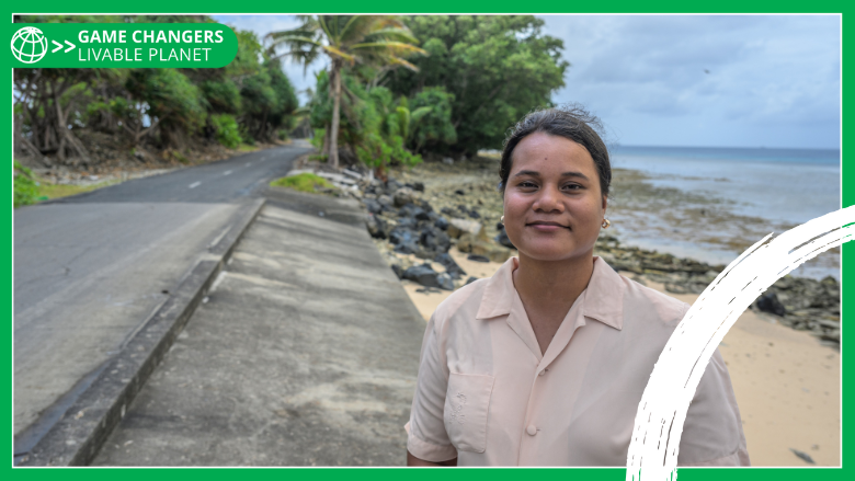Portrait of Youth Climate Activist Grace Malie with the Tuvalu shore in the background - with Game Changers branding