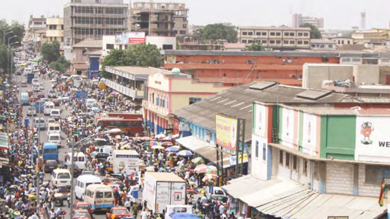 Busy shopping street scene in central Accra, Ghana