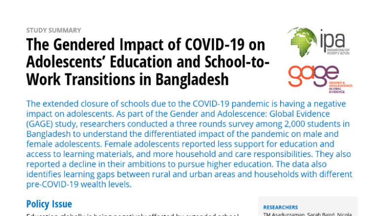 The Gendered Impact of COVID-19 on Adolescents’ Education and School-toWork Transitions in Bangladesh